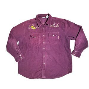 VTG  Tweety Bird Corduroy Shirt Womens LG Purple Pearl Snap Looney Tunes Western